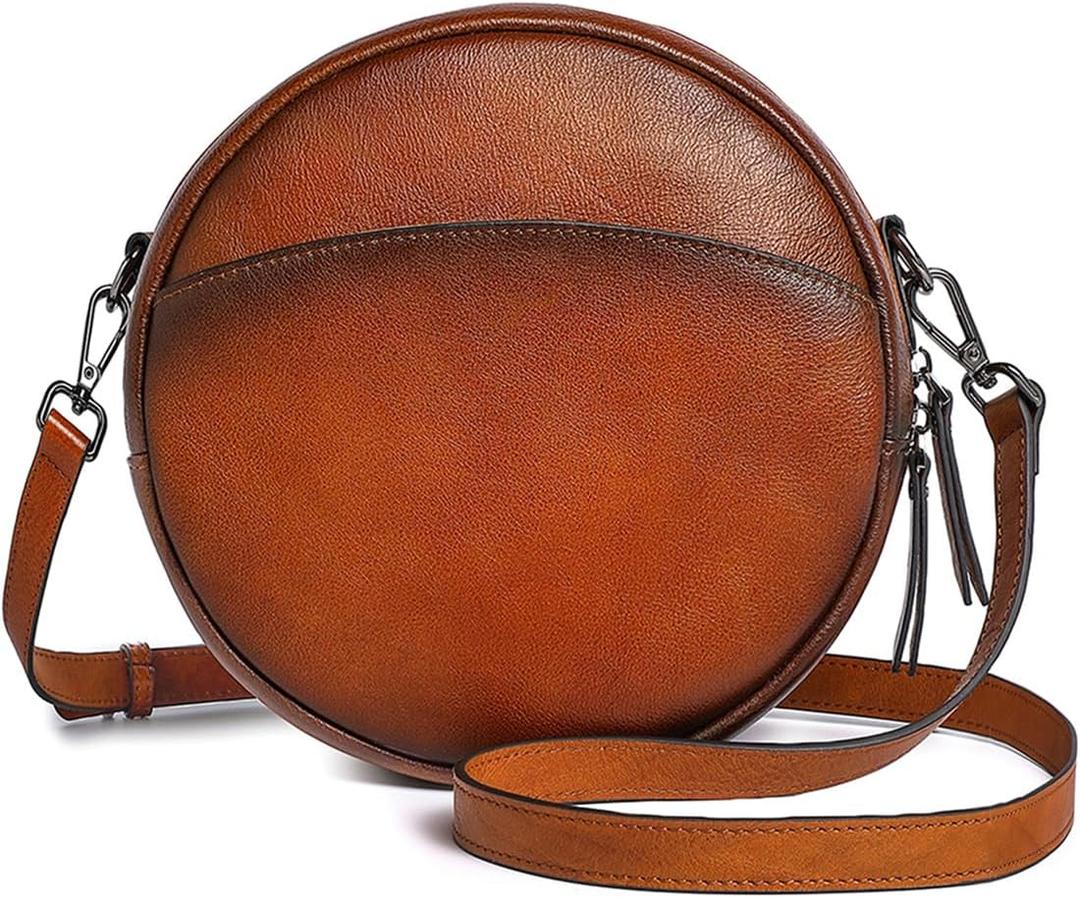 COOLCY Leather Crossbody Bags,Circle Purse Shoulder Bag, Fashion Round Handbag for Travel,Valentine's Gift for Women (Brown)