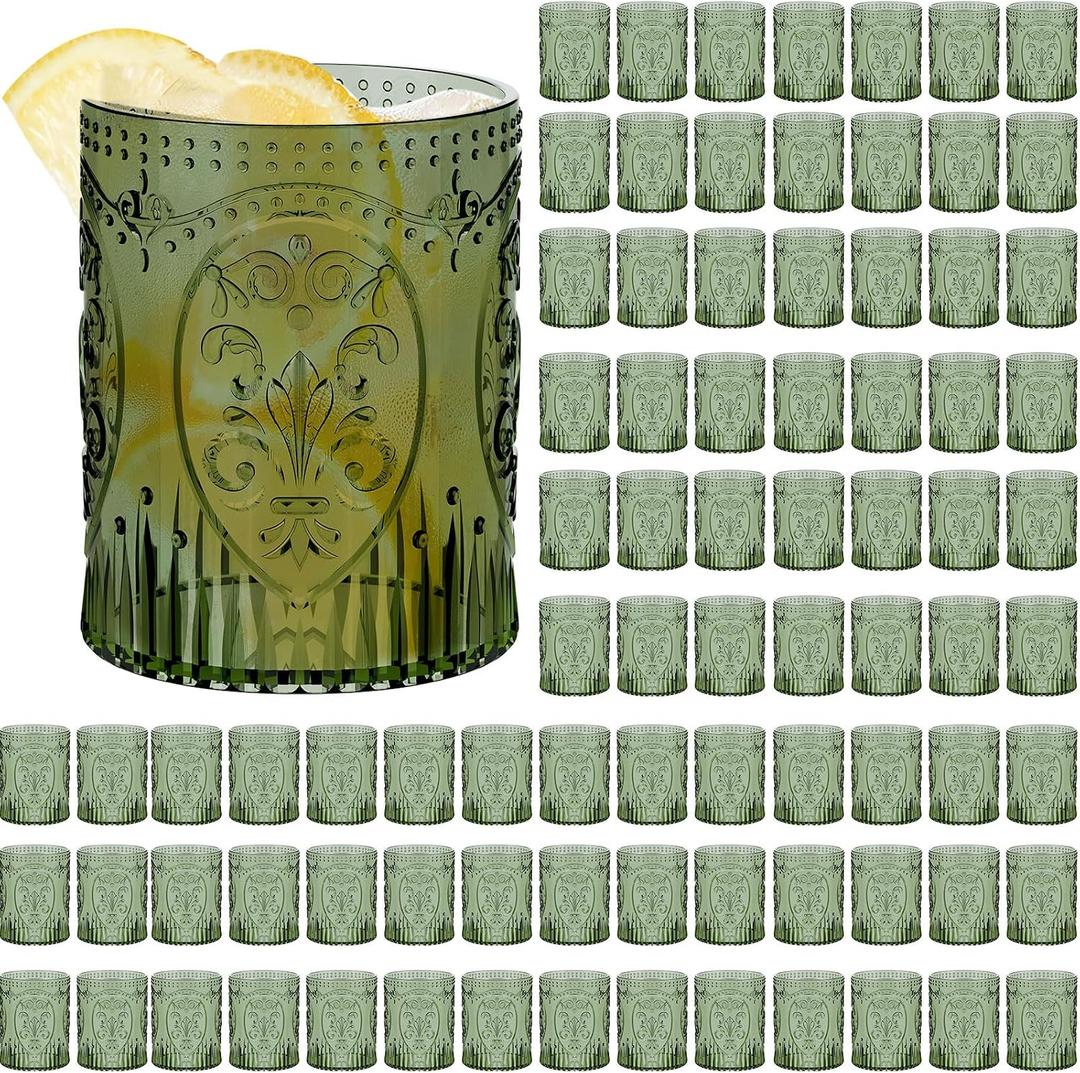 Qinyoung 100 Plastic Vintage Drinking Glasses 8.5oz Stemless Retro Embossed Wine Glasses Shatterproof Reusable Cups for Baby Shower Wedding Reception Grand Event Party (Dark Green)