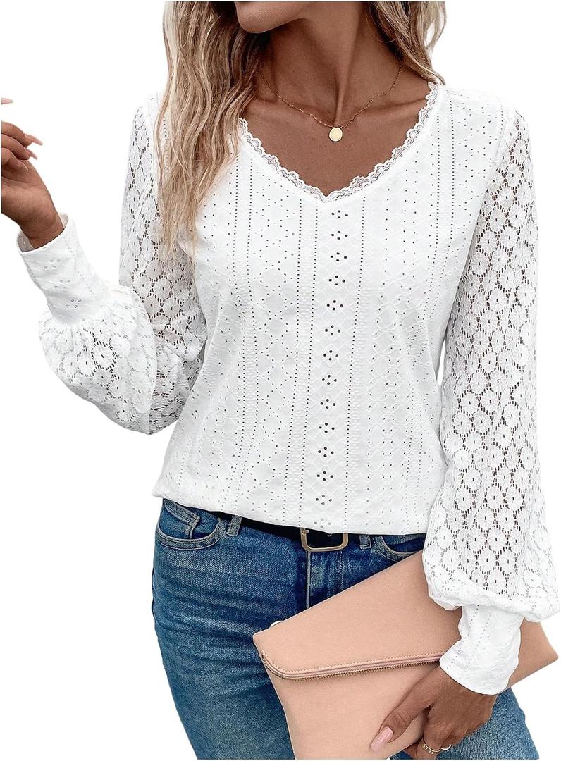 SweatyRocks Women's Lace Eyelet V Neck Tops Casual Long Sleeve Shirts Going Out T Shirts (XL)