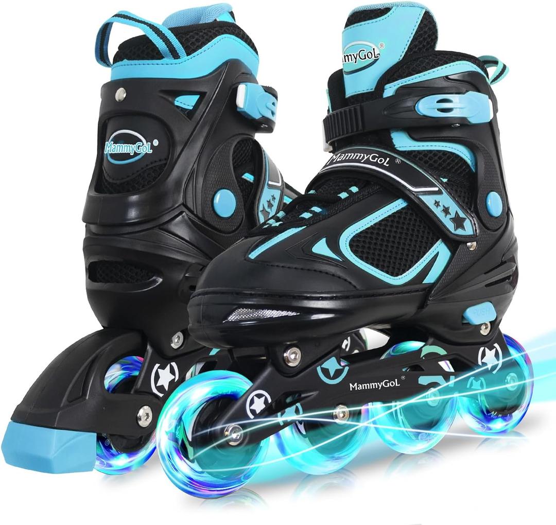 MammyGol Adjustable Inline Skates for Kids Boys Girls Youth with Light up Wheels (Large - Youth (5-8US), Teal)