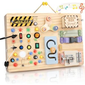Joyreal Wooden Busy Board Montessori Toys for Toddlers, Sensory Activity Board with LED Lights, Music Box & Locks, Educational Learning Toy Gifts for Boys and Girls