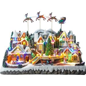 Large Christmas Village House with Flying Reindeer - Rotating Christmas Tree & Moving Train & Colourful LED Lights & 8 Festive Songs,Indoor Decorations for Home Tabletop Gift