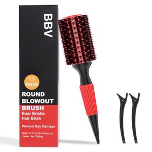 BBV Round Brush for Blow Out, Hair Brushes for Women, Boar Bristle Round Hair Brush for Curling, Styling, Volume & Shine, Red and Black (1.3 INCH)