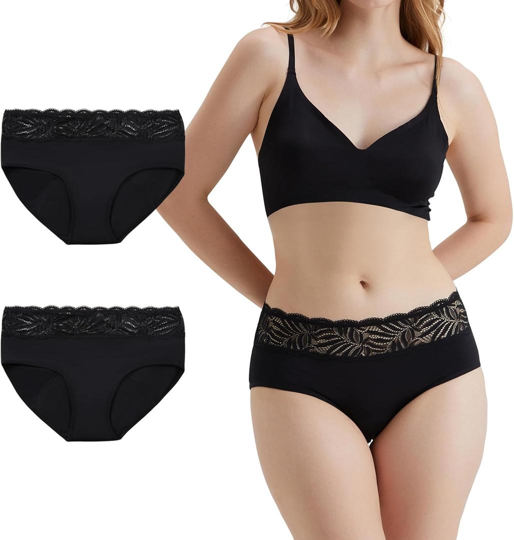 Battewa Leakproof Underwear for Women Briefs, Incontinence Underwear for Women with Lace for Overnight Leak Protection 100ML (Large, Black 2)