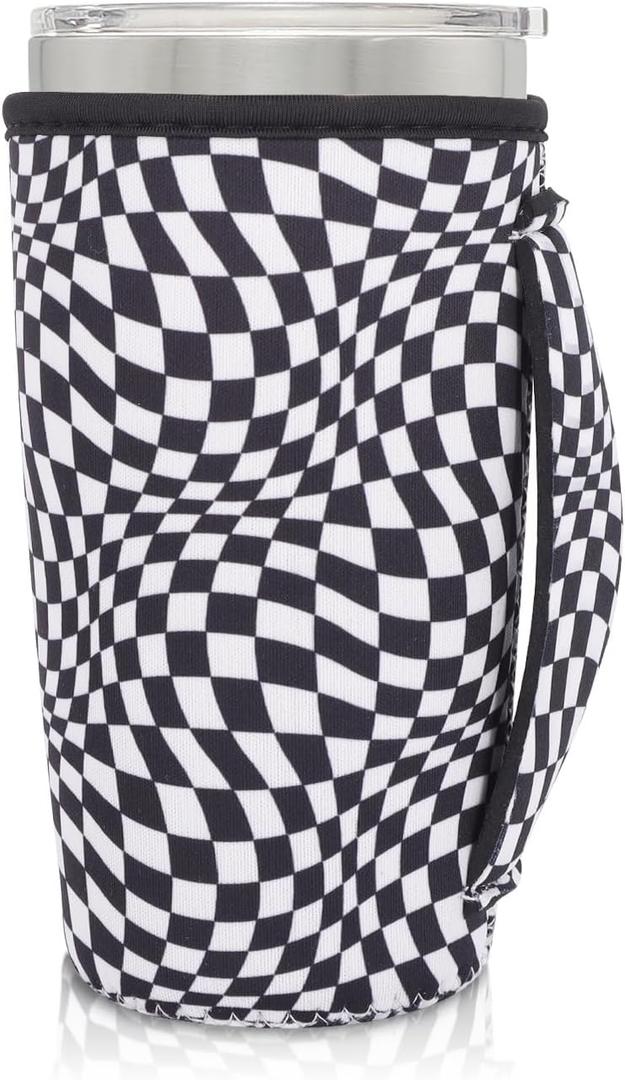 Neoprene Insulated Sleeves Cup Holder with Handle for 20oz Tumbler Cups, Reusable Iced Coffee Sleeve For 30oz - 32oz coffee cups(Black Checkerboard) (20-24 FI OZ Pack of 1)