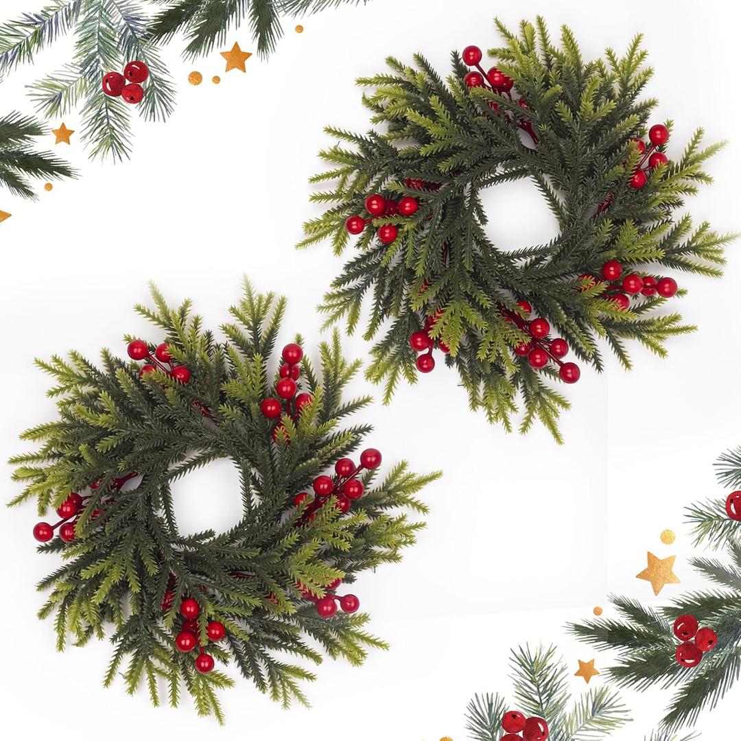 2 Pack Christmas Candle Rings Wreaths, 11.6 Inch Artificial Pine Spruce with Red Berries  Farmhouse Christmas Candle Rings for Pillar Candles, Holiday Table Centerpieces, Winter Wedding & Home Decor