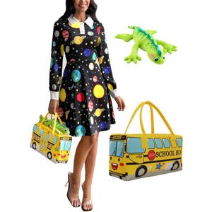 Womens Long Sleeves Peter Pan Collar Aline Fit and Flare Dress (Small, Black Planet Yellow Bus)