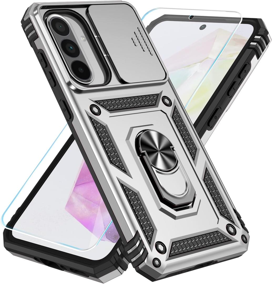 SunStory Case for Samsung Galaxy A36/A56 5G Case with HD Screen Protector & Slide Camera Cover & Rotated Ring Kickstand, [Heavy Duty Shockproof] Dual Layers Phone Case for Galaxy A36/A56 (Silver)