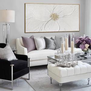Hand-Painted Floral Wall Art White Gold Petals Living Room 24x48 Inch