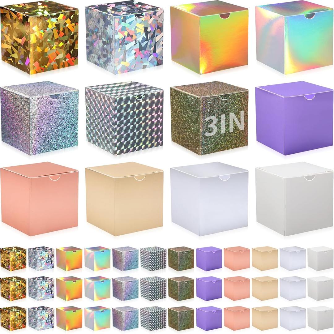 Zhehao 48 Pack Holographic Gift Boxes Small Cardboard Gift Boxes with Lids Bulk 3 x 3 x 3 Inch Square Kraft Cube Paper Box Assemble for Candles Wedding Presents Easy Birthday