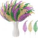 60 Pcs Mardi Gras Glitter Leaves Feathers Stems, 11.4" x 2.5" Purple Gold Green Artificial Feather Leaves Picks Vase Filler, Mardi Gras Faux Sparkly Leaf Twigs Sprays for Carnival Party Table Decor