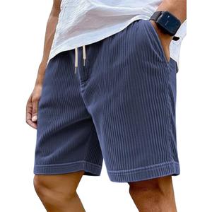 Mens Cargo Shorts Casual Drawstring Elastic Waist Corduroy Summer Beach Shorts with Pockets (Blue, S)