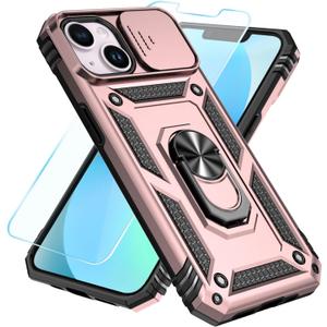 SunStory Compatible with iPhone 12/13 Mini Case with HD Screen Protector & Slide Camera Cover & Rotated Ring Kickstand, [Military-Grade] Phone Case for iPhone 12/13 Mini (Rose Gold)
