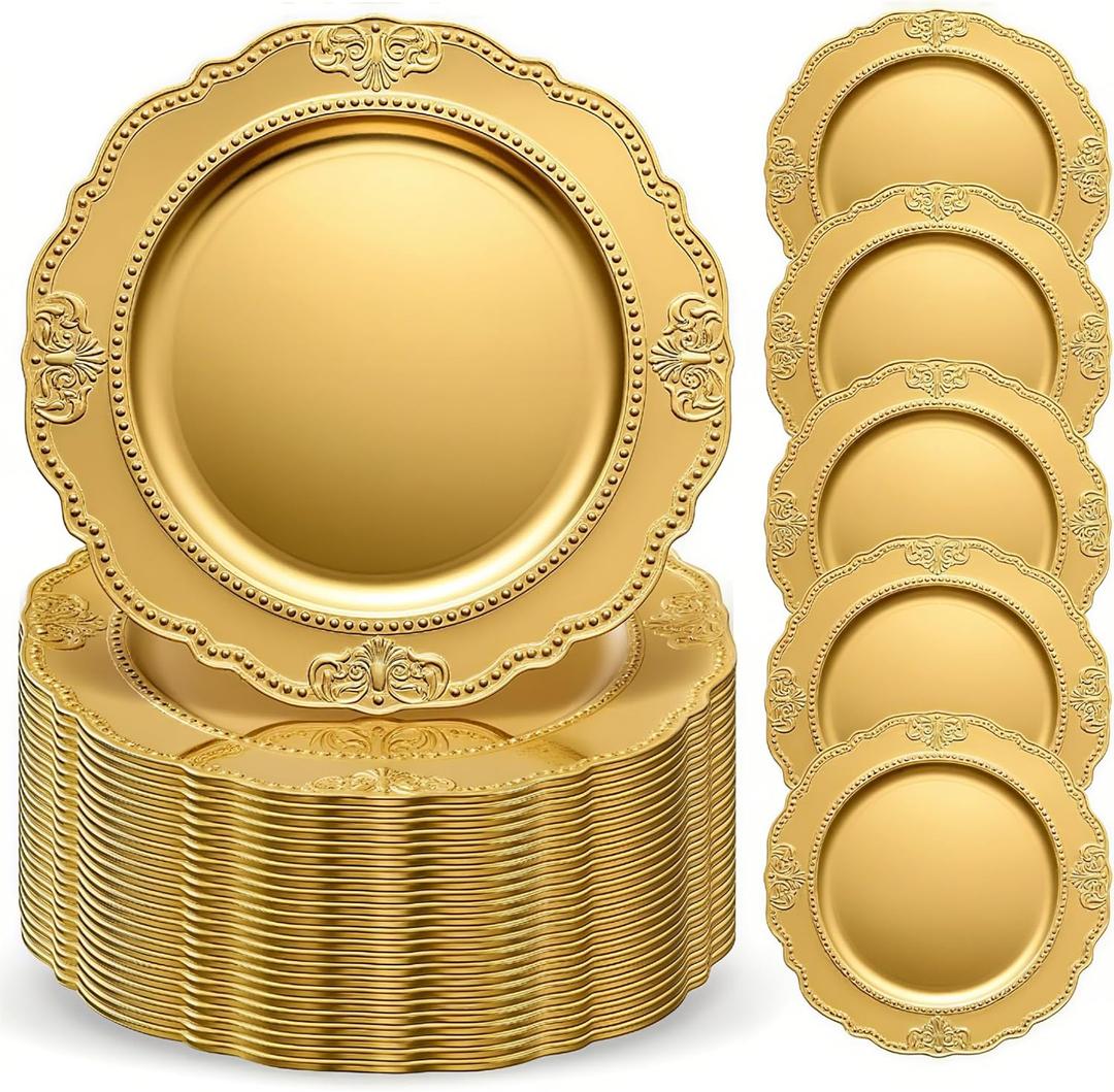Maxdot 50 Pcs Gold Charger Plates Bulk 13 Inch Plastic Round Dinner Plate Chargers for Wedding Birthday Party Banquet Event Tabletop Decoration Table Setting (Retro), 33 x 33 cm