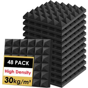 FONESO Acoustic Panels, High Density Soundproof Foam Panels for Walls, Sound Absorbing Panels, Acoustic Foam Panels Fire Resistant for Studio Recording (Black, 2"x12"x12" 48Pack)