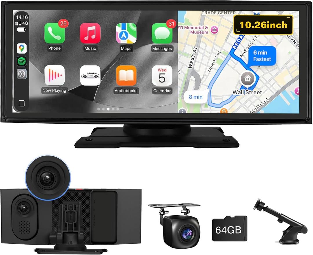 10.26'' Wireless CarPlay Screen for Car with 4K Dash Cam & 1080P Backup Camera, Apple Car Play & Android Auto Car Stereo HD Touchscreen, GPS Navigation & Mirror Link, for All Vehicles