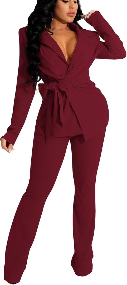 kaimimei Business 2 Piece Pant Suits for Women Dressy Elegant Professional Blazer Set Casual Outfits with Belt Medium