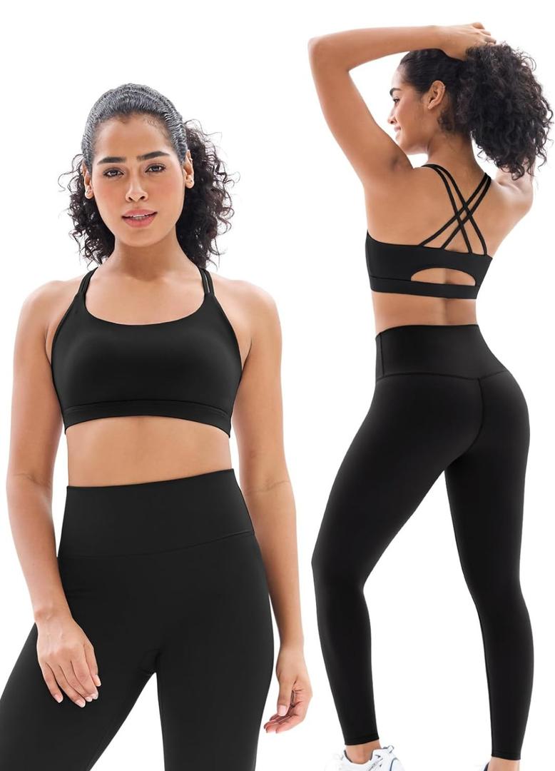 2 Piece Womens Workout Sets Strappy Criss Cross Sports Bra with Tummy Control Yoga Leggings Yoga Set, Large