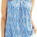 SUNNOW Women's Printed Pleated Tank Top Sleeveless V-Neck Blouse Casual Summer Loose Fit Tunic T-Shirt (Blue, L)