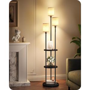 Floor Lamp with Shelves, 3-Light Floor Lamps for Living Room, Modern Standing Lamp with Linen Shades and Foot Switch, 66.1'' Tall Corner Lamp for Bedroom, Office, E26 Base, Black and Beige