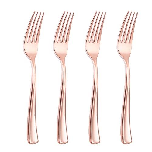 Liacere 200 Pack Rose Gold Disposable Forks - 7.4 Inch Heavy Duty Plastic - Rose Gold Silverware for Catering, Parties, Dinners, Weddings & Mother's Day