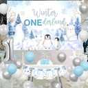 Winter Onederland 1st Birthday Decorations, Arctic Polar Animals Blue Silver Balloon with Backdrop Cake Topper One High Chair Banner Number 1 Foil Balloon for Boys Girls 1st Birthday Party