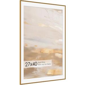 27x40 Metal Picture Frame with 24x36 Mat, Brushed Aluminum Finish, Tempered Glass Front, and Attached Hanging Hardware - Wall Display Frames for Vertical or Horizontal Orientation - Bronze