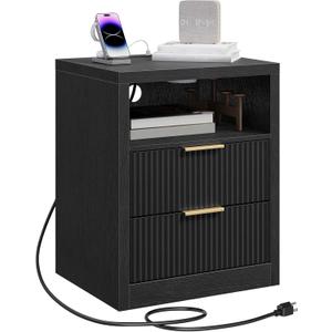 Fluted Nightstand with Charging Station, End Table with 2 Drawers, Wooden Night Stand with Open Storage Cabinet, Modern Bedside Table for Bedroom, Living Room, Office, Black ETBK254E01