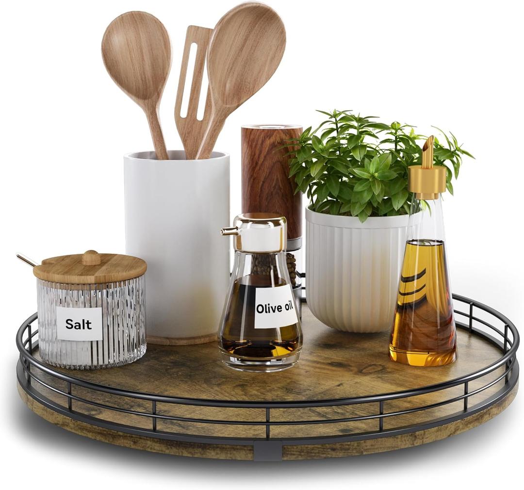 Lazy Susan Turntable Organizer for Table Top, 13 Round Wooden Lazy Susan for Cabinet Kitchen Countertop Pantry Dining Coffee Table for Condiments Spices, Rustic Bathroom Vanity Tray for Soap Candle