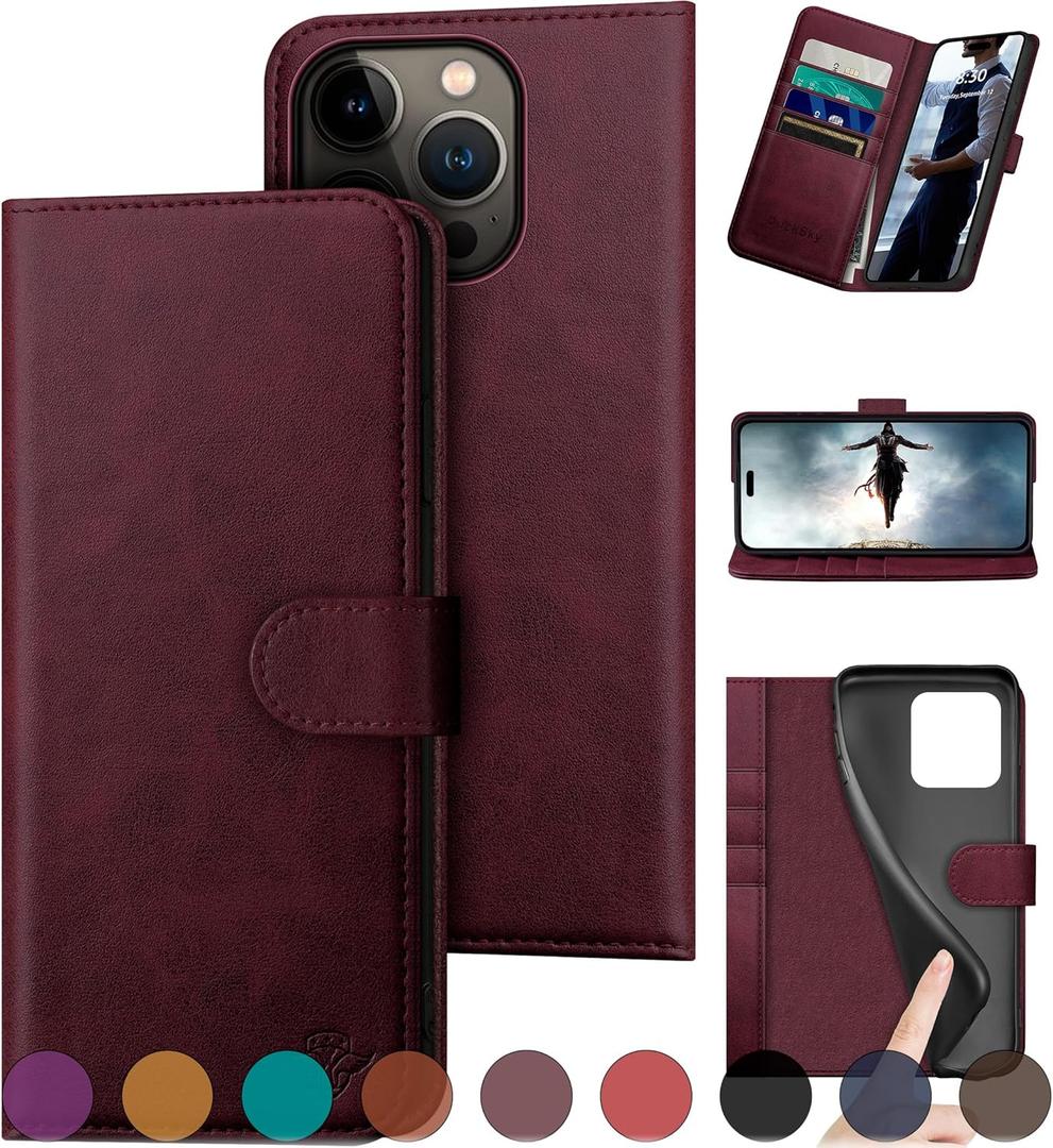DuckSky Compatible with iPhone 16 Pro 6.3" Genuine Leather Wallet caseRFID Blocking4 Credit Card HolderReal Leather Flip Folio Book Phone case Cover Women Men for Apple 16 Pro case Wine Red