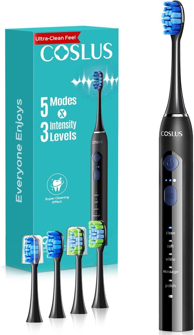 COSLUS Sonic Electric Toothbrush for Adults: 3 Intensities & 5 Modes Gum-Friendly for Deep Cleaning & Whitening - 2 Types of Heads for Family, Sensitive Teeth, Braces, Travel & Home Use, Black, 1PC