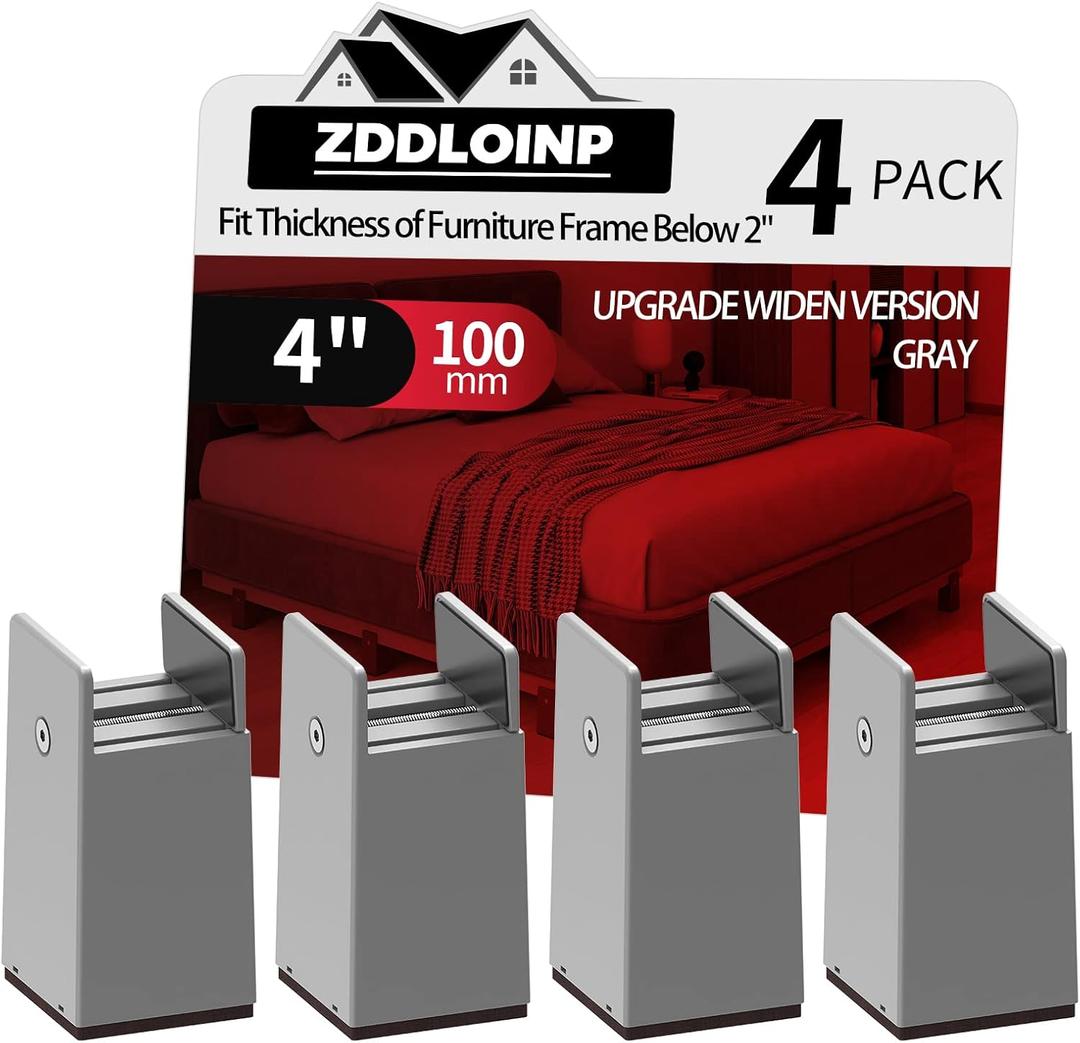 4Pack Bed Risers with Adjustable Screw Clamp, Fit Thickness of Furniture Frame from 0 to 2 Inch, Elevation in Heights 4" Heavy Duty Risers for Lifting Couch Desk Table Cabinet Nightstand, Grey