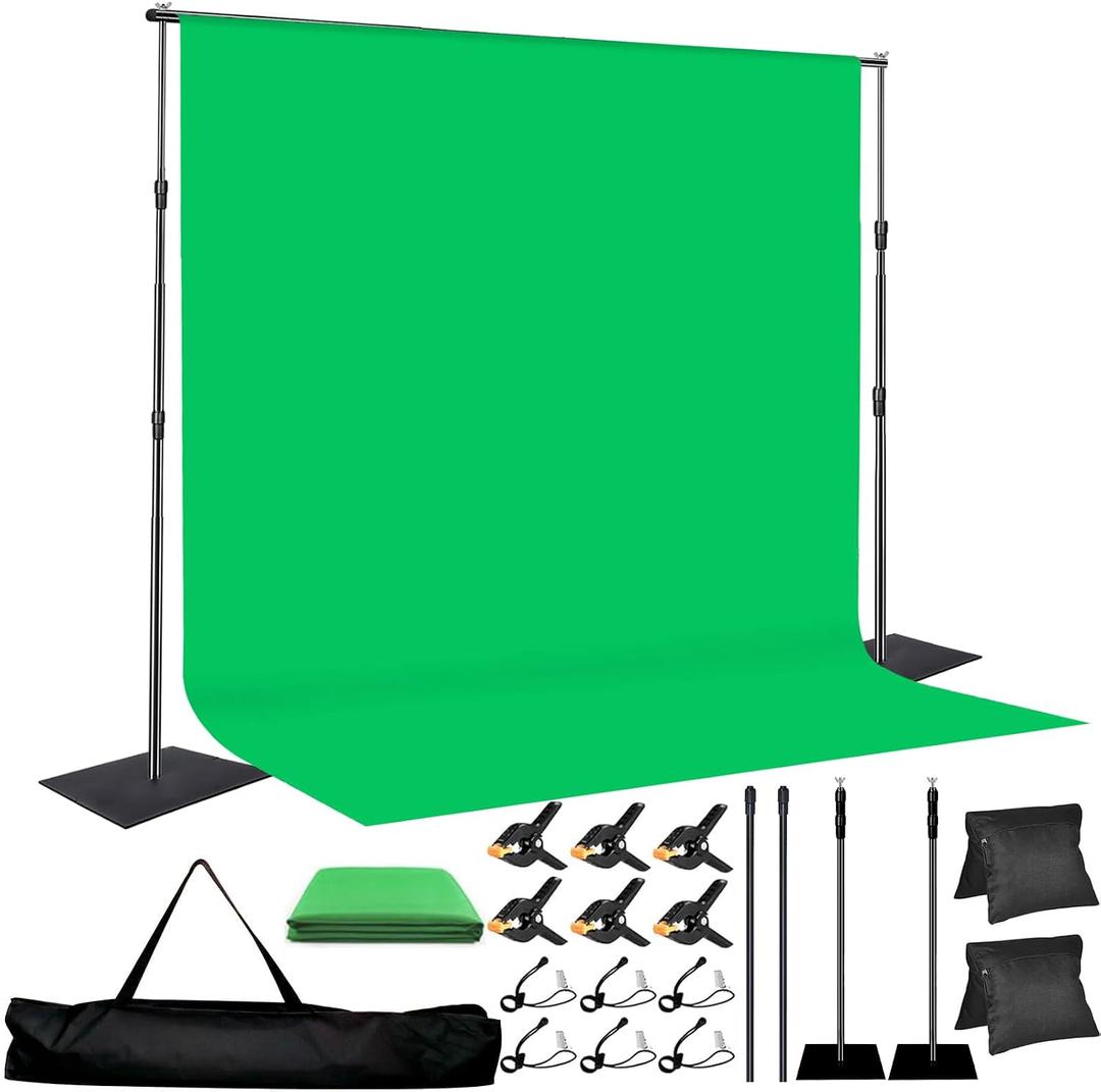 Green Screen Backdrop Kit, 8x10ft Metal Base Photo Studio Support System, Adjustable Backdrop Frame for Photography, Streaming, Weddings, Projector Screen, Tool-Free Setup & Portable Carry Bag, Plate 10*8.5FT