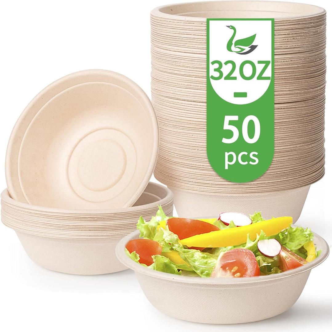 Disposable Paper Bowls, 32 Oz [50 Pack] Large Bowl-100% Compostable, Biodegradable, Eco-friendly - Convenient for Daily Use for Salad, Hot Soup, and Pasta