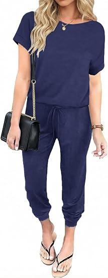 Ekouaer Jumpsuits for Women Casual Romper Vacation Outfits 2026 | Super Stretchy Fabric, Crew Neck, Adjustable Drawstring, Short Sleeve Jumpsuits, Pockets, Lightweight, One Piece Outfits, XL