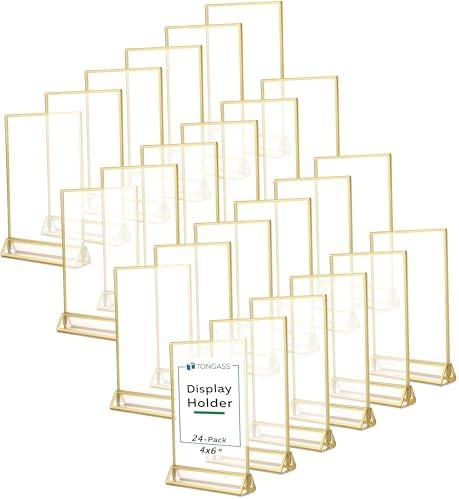 TonGass 24-Pack 5x7 Standard Double-Sided Acrylic Wedding Table Numbers Picture Frames, Clear Sign Holders with 3mm Gold Border & Vertical Stand
