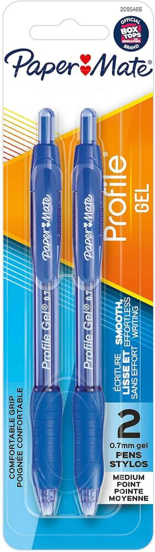 Paper Mate Gel Pen, Profile Retractable Pen, 0.7mm, Blue, 2 Count