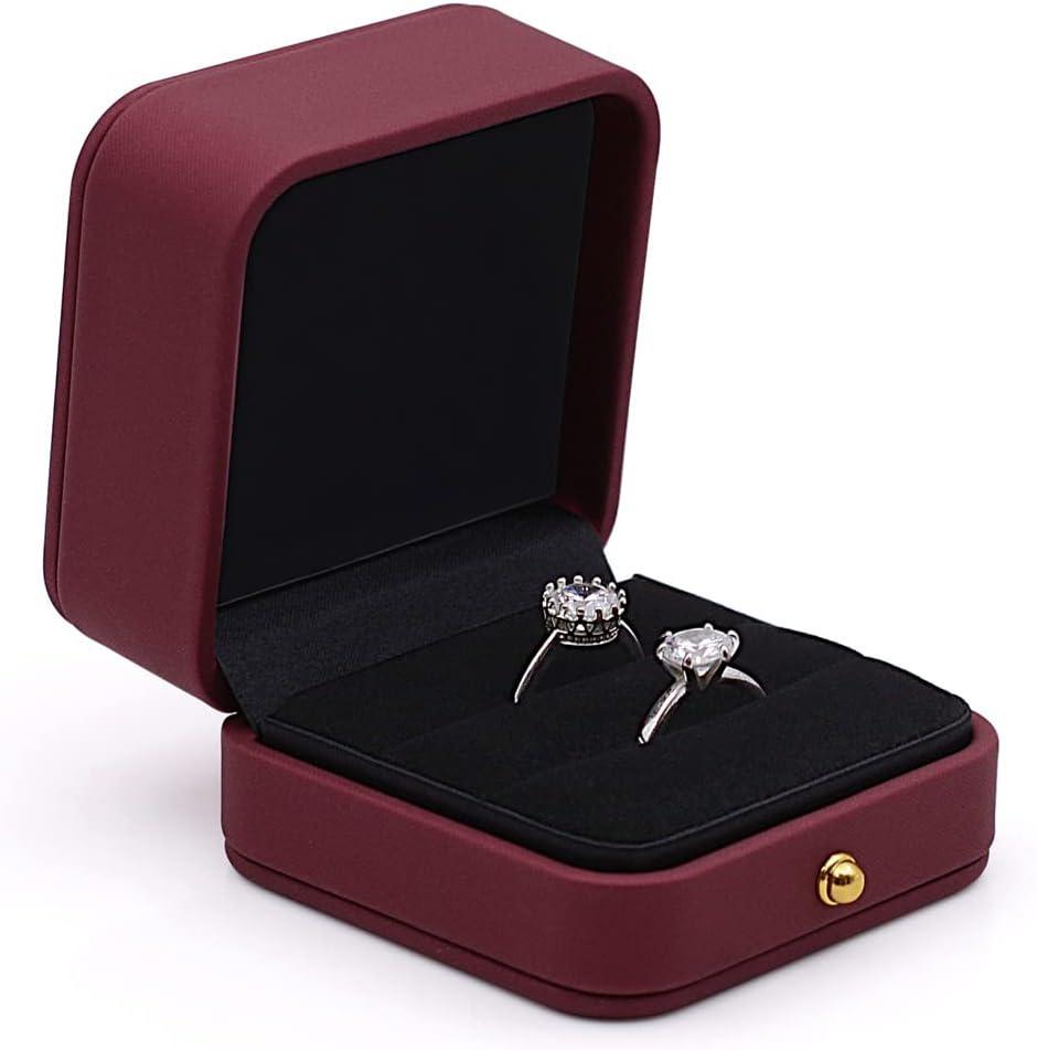 Wedding Ring Box Engagement Box Red, Square Leather Velvet Jewelry Ring Bearer Box, Premium Gorgeous Vintage Double Slots Ring Box for Proposal, Ceremony, Anniversary, Gift