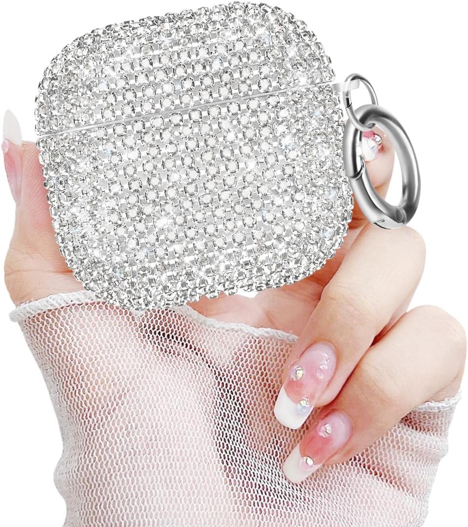 Newseego for Airpods 4 Generation Case, Luxury Sparkly Bling Rhinestone Case with Keychain for Women Girls Anti-Lost Glitter Crystal Hard PC Shockproof Full Protective Cover for Airpods 4th-Silver