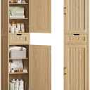 Iwell Tall Narrow Storage Cabinet with 1 Drawer and 2 Doors, Fluted Cabinet with Adjustable Shelves, Rattan Kitchen Cabinet for Bathroom, Living Room, Kitchen, Natural Oak, 67"H