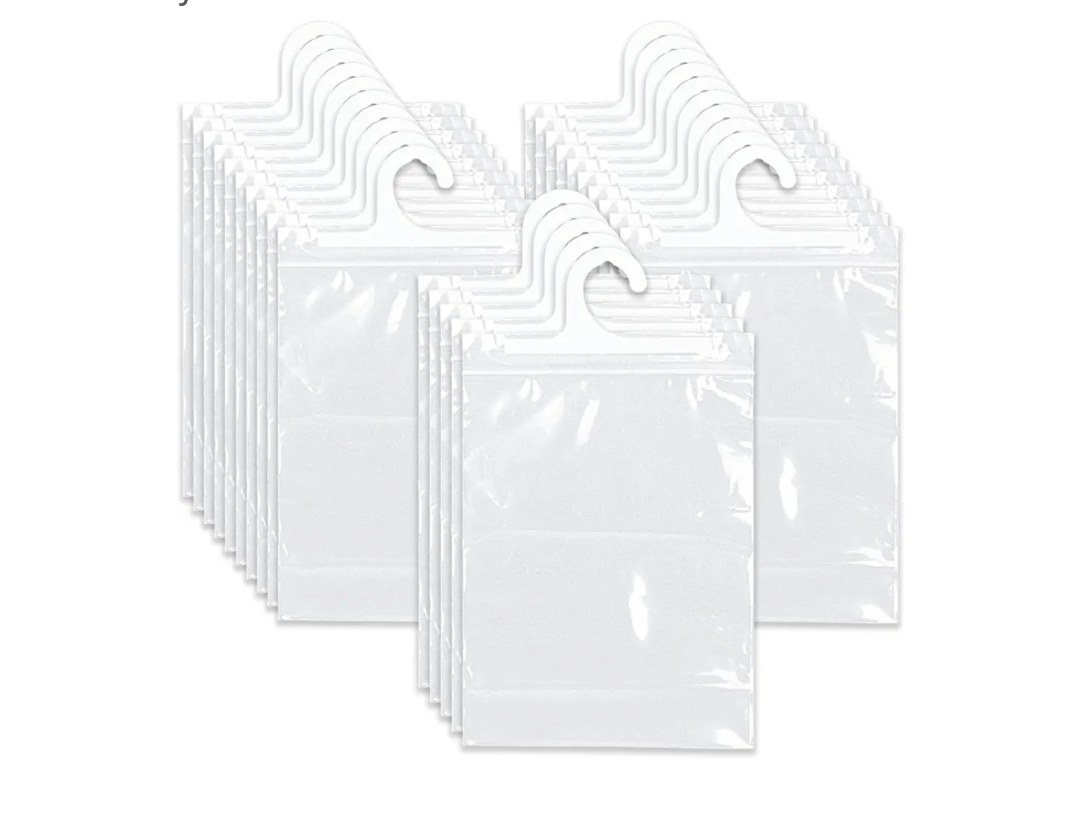 25 Pcs Hanging Storage Bags Clear Plastic Bags Large Hook Reusable Hang-Up Book Pouch Waterproof Headphone Storage for Classroom Library Home School Supplies Pharmacy Use