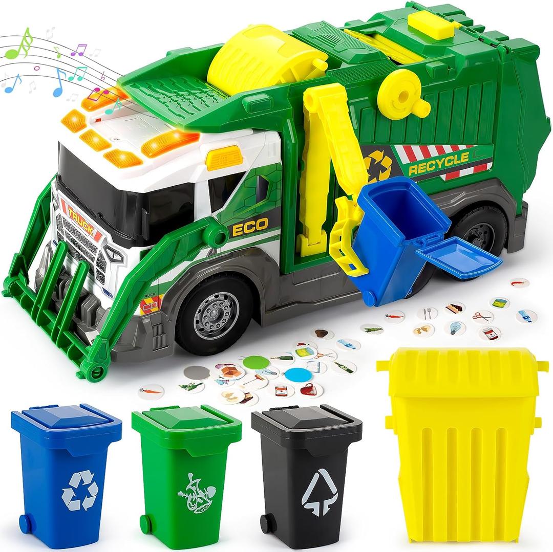 Large Garbage Truck Toy Set for Boys Ages 3 4 5 6 7 8, Kids Trash Truck with Sound, Light, Dumpster, Trash Bins and Learning Cards, Friction Powered Garbage Trucks Christmas Birthday Gifts for Toddler