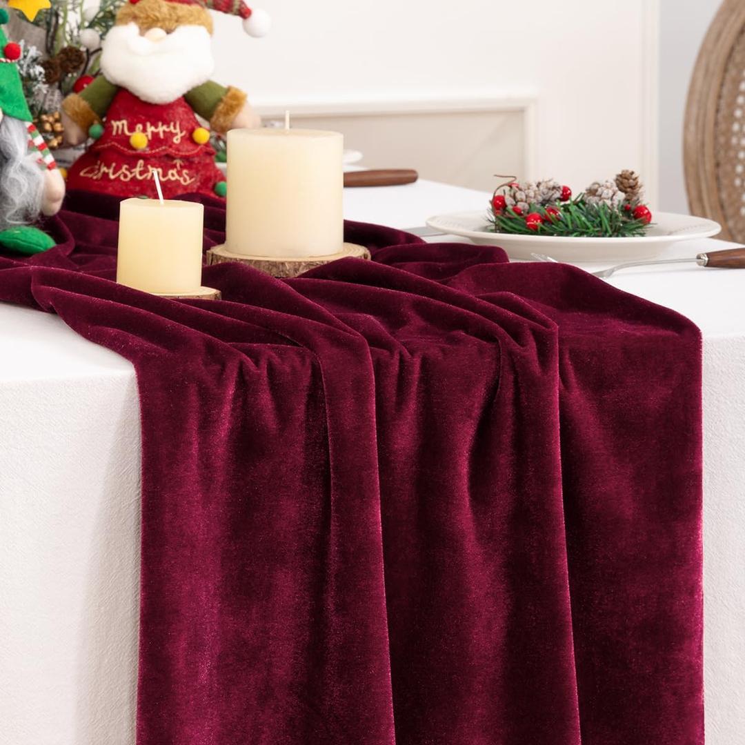 DeZerlor Velvet Table Runner Christmas Table Runner 20 x 120 Inch Luxurious Elegant Velvet Fabric Table Decorations for Xmas Dinner Holiday Wedding Bridal Baby Shower, Burgundy Red