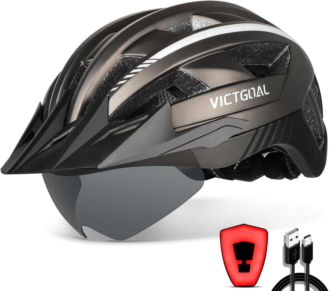 VICTGOAL Bike Helmet with USB Rechargeable Rear Light Detachable Magnetic Goggles Removable Sun Visor Mountain & Road Bicycle Helmets for Men Women Adult Cycling Helmets (L: 57-61 cm)