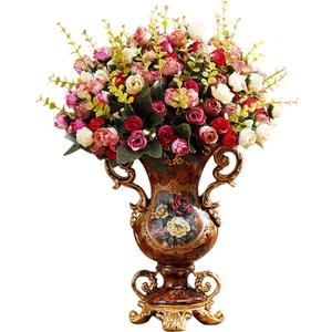 Artificial Vintage Flower Arrangement Vase Set European Golden Resin Vase Fake Flower Decor Wedding Party (Brown)