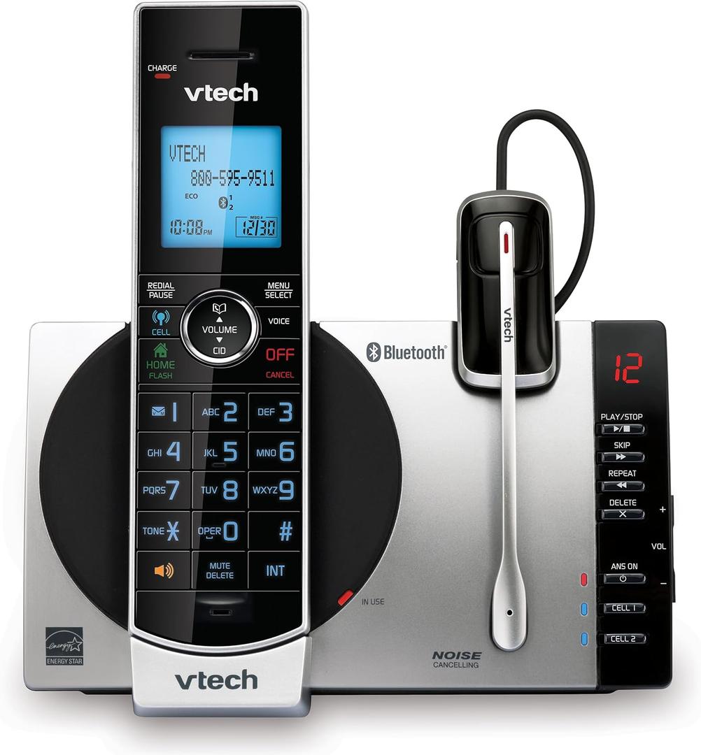 VTech-Cordless Phone with Answering Machine with DECT 6.0 Headset, Bluetooth, Connect to Cell, Caller ID/Call Waiting, Handset Intercom,1,000 Name & Number Phonebook -DS6771-2 Silver/Black