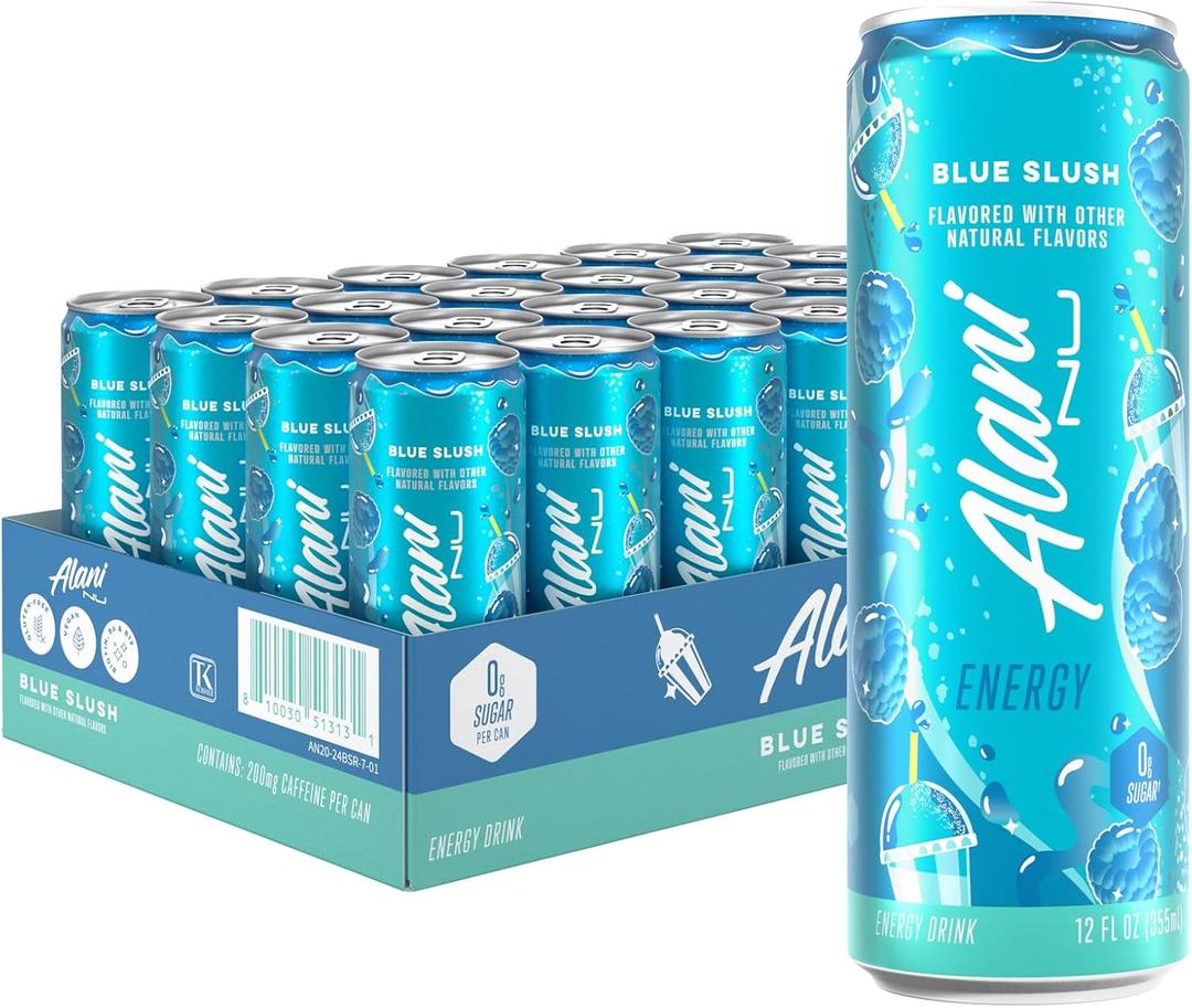 Alani Nu BLUE SLUSH, Sugar Free, Low Calorie Energy Drinks, 200mg Caffeine, Biotin, B Vitamins, Zero Sugar, 10 Calories, 12 Fl Oz Cans, 24 Pack BBD: 10-08-2027