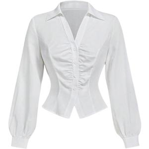 SweatyRocks Women's Ruched Button Down Shirts Lantern Long Sleeve Collered Dressy Blouses (White), S