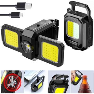 SEFONE Upgrade 2Pcs Cob Keychain Work Light 5 Modes, 90 Foldable Lamp, 1000 Lumens Rechargeable Mini Flashlight with Bottle Opener Magnet for Outdoor Camping Fishing Hiking, Gifts to My Man (Yellow)