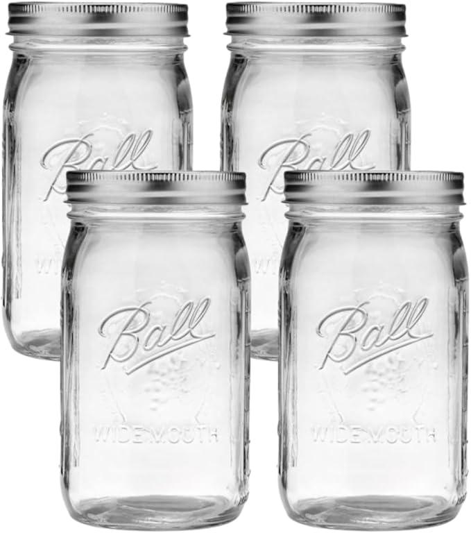 Ball Wide Mouth Glass Mason Jars with Lids and Bands, Used for Canning, Pickling, Juice, Jam, Jelly, Quart Size 32 Ounce (Pack of 4) Ball Wide Mouth Glass Mason Jars with Lids and Bands, Used for Canning, Pickling, Juice, Jam, Jelly, Quart Size 32 Ounce (Pack of 4)